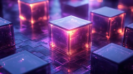 Shiny glowing futuristic cubes with purple and pink light, symbolizing digital technology, blockchain, innovation, virtual reality, artificial intelligence, and modern abstract cyber concepts. - Powered by Adobe