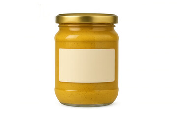 Mustard jar with blank label on transparent background, food condiment packaging design template