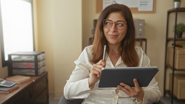 Woman seated smiling holds digital tablet and taps touchscreen with stylus pen in building; focused productive work. - Powered by Adobe