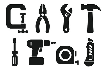Fototapeta premium DIY Repair Tools Icons. DIY Repair Tools set of icons silhouette. Clamp, pliers, adjustable wrench, hammer, screwdriver, drill, tape measure, utility knife