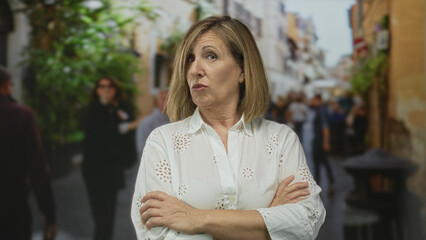 Woman in white shirt stands with crossed arms on cobblestone street in old town with historic...