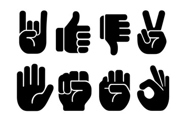 Bold Gesture Icons. Hand Gestures set of icons silhouette. Rock on sign, thumbs up, thumbs down, peace sign, high five, fist, open palm, OK gesture