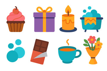 Cozy Pamper Icons. Treat yourself in modern flat. Cupcake, wrapped gift, candle, cozy blanket, bath bubbles, chocolate bar, tea cup, flower bouquet.