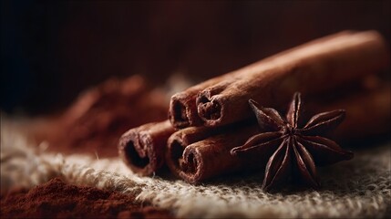 A warm rustic close up showcases cinnamon sticks star anise and scattered cocoa powder on burlap emphasizing texture and aromatic qualities for