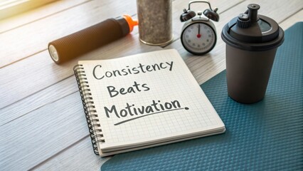 Inspiring Message on Notebook in Workout Space for Fitness and Motivation Concept with Clock and Water Bottle