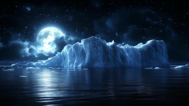 A large iceberg floating in dark ocean water illuminated by moonlight and stars in a dramatic night sky, climate change, environment, frozen wilderness, nature, arctic beauty and global warming.