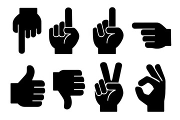 Bold Hand Gesture Icons. Hand Gestures set of icons silhouette. Pointing down, pointing up, pointing left, pointing right, thumbs up, thumbs down, peace sign, OK gesture