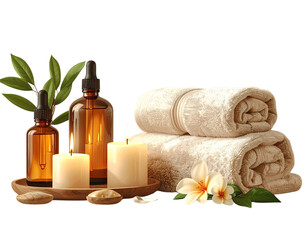 Luxury Couples Spa Kit with Towels, Candles, and Massage Oils, Isolated on Transparen