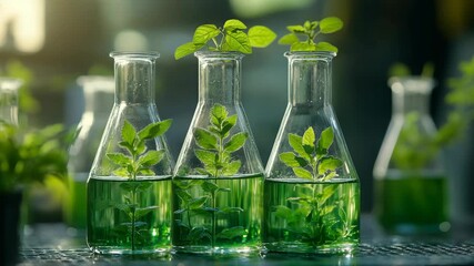 A set of transparent laboratory glass flasks filled with green liquid and growing plants, symbolizing biotechnology, sustainability, science, research, innovation, eco-friendly biological experiments.