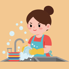 Flat Illustration Cheerful Woman Washing Dishes in the Kitchen Sink