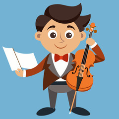 Cartoon boy holding violin and sheet music with happy expression