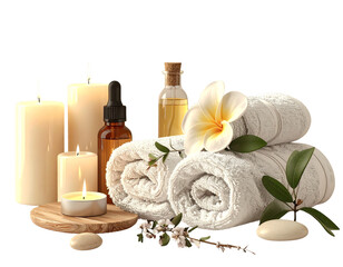 Luxury Couples Spa Kit with Towels, Candles, and Massage Oils, Isolated on Transpa