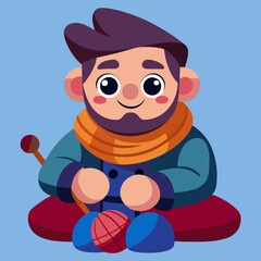 Cartoon man sitting and knitting with yarn balls
