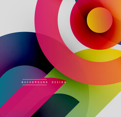 Abstract colorful circles overlap creating dynamic visual composition. Modern design elements suggest energy, movement, vibrancy.