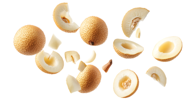 Longan with half slices falling or floating png