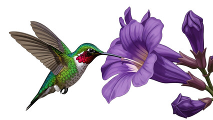 Fototapeta premium hummingbird feeding on a purple flower, wings spread, beak extended.