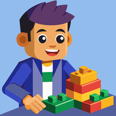 Naklejka premium Happy cartoon child playing with colorful building blocks