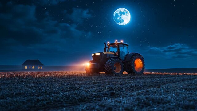 Tractor plowing field under bright full moon at night, illuminated farmhouse in background, agriculture, farming technology, countryside, rural labor, night work, sustainability, modern agribusiness.