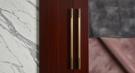 Interior design elements with wood marble textiles and hardware close up