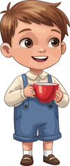 Cartoon child holding red cup, boy in overalls smiling, kids drinking tea, pretend play, friendship, fun, learning, family, vector illustration