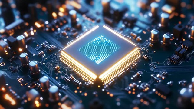 Futuristic glowing microchip processor on circuit board, symbolizing digital technology, computing power, artificial intelligence, big data, electronics, high-tech innovation, modern cyber systems.
