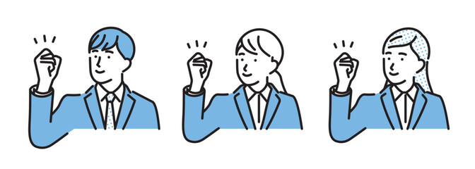 シンプル　イラスト　ガッツポーズのリクルートスーツの男性と女性
