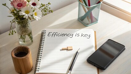 Efficient workspace with notebook, pen, smartphone, coffee, flowers, and colorful stationery for productivity enhancement