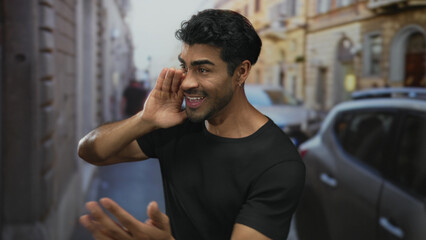 Fototapeta premium Young hispanic man in a black t shirt cups hand to mouth calling out with a smile on a city street; urgent message.
