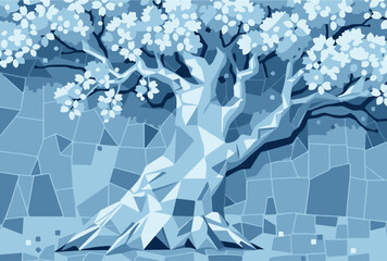 Stylized geometric mosaic illustration of a tree in blue tones, symbolizing growth, life, and nature. Modern abstract environmental art