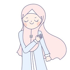 a muslim girl in hijab headscarf is thankful , a muslim girl in hijab headscarf is respectful.