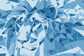 Stylized geometric mosaic illustration of a lion head in blue shades, symbolizing strength, power, and elegance. Modern abstract animal art