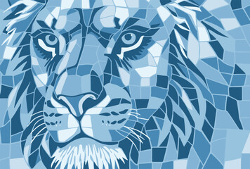 Stylized geometric mosaic illustration of a lion head in blue shades, symbolizing strength, power, and elegance. Modern abstract animal art