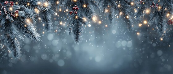 Festive Christmas and New Year holiday banner with soft bokeh lights and glowing bulbs among evergreen fir branches winter celebration background with copy space for greeting cards and web headers