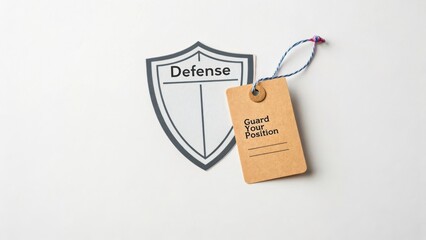 Shield Icon with Defense Text and Tag for Guard Your Position on Minimalist Background
