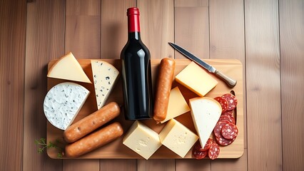 A bottle of wine accompanied by assorted cheeses and sausages arranged on a wooden surface.
