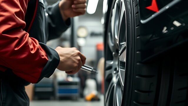 A mechanic working on a car tire in a garage, focused craftsmanship scene.