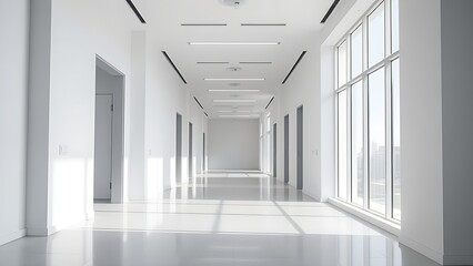 Obraz premium Modern white office corridor with large window and clean lines.