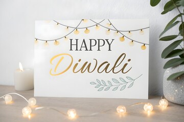 Modern minimal greeting card design with fairy lights and elegant “Happy Diwali” typography