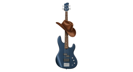 Isolated blue bass guitar with a brown cowboy hat, country and western music instrument