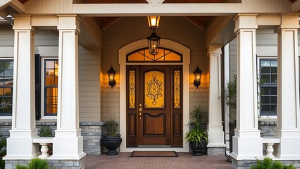 Charming covered porch entrance with a decorative front door.