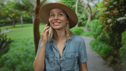 Woman holds smartphone to ear in green park showing bare hand and mouth smile under straw hat;...