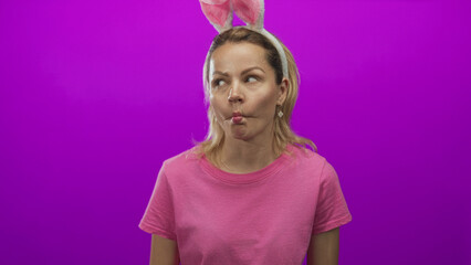 Woman wearing bunny ears headband makes fish lips gesture in studio portrait; playfulness...