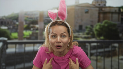Woman wearing bunny ears and a pink shirt pointing finger to chest outdoors in front of a building;...