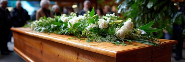 Wooden coffin with white flowers at a funeral gathering
