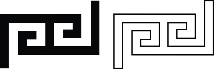 Greek key border icon set in flat and outline styles. Ancient meander pattern symbol, geometric frame design elements, seamless ornamental art decoration and classic greek design vectors illustration.