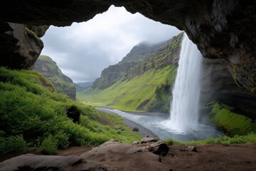 Serene view of waterfall cascading into lush valley through cave opening