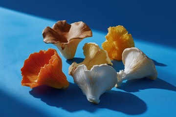 Vibrant oyster mushrooms on bold blue background highlighting colorful gills