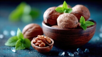 Walnuts Display in Rustic Wooden Bowl with Mint Leaves on Dark Blue Surface