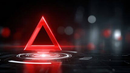 A glowing red triangle symbol stands out against a dark, futuristic background, suggesting themes of technology and alertness.