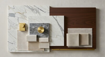Interior design mood board with marble textures and wood elements